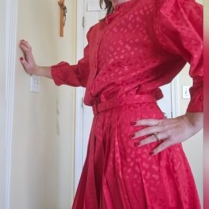 Vintage Red Satin Polka Dot Belted Women's Dress 16 Large